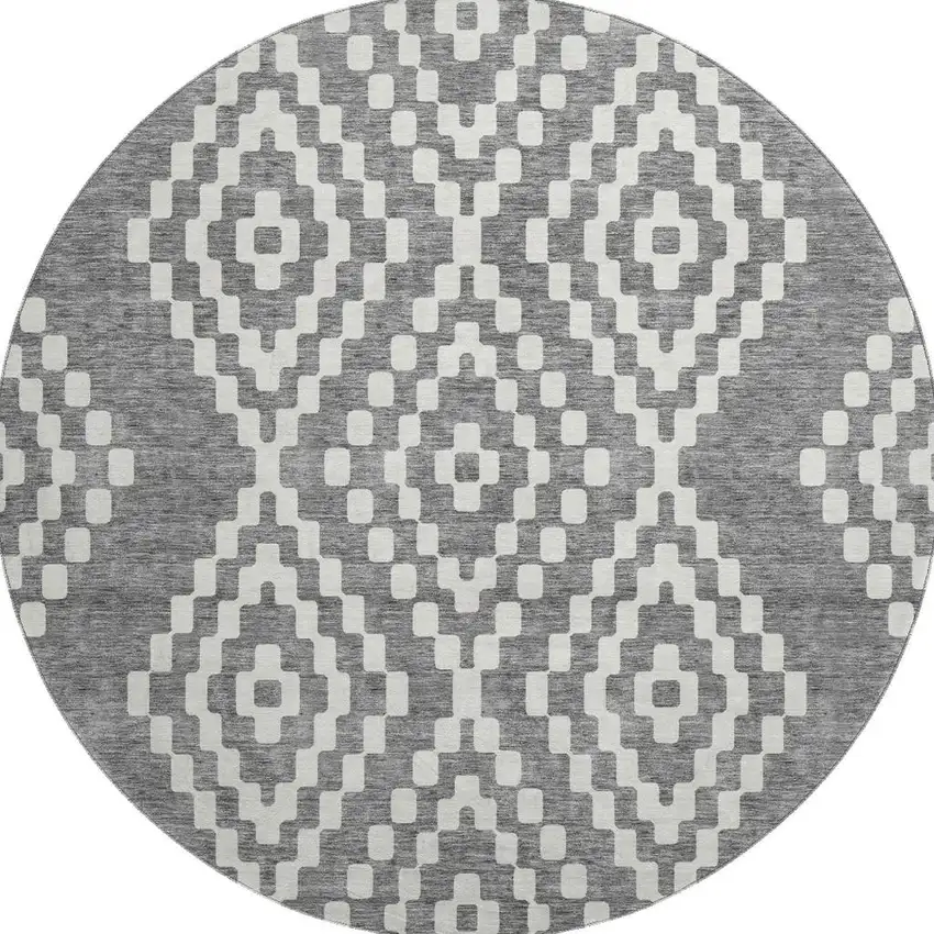 8' Gray And Ivory Geometric Washable Round Rug With UV Protection Photo 4