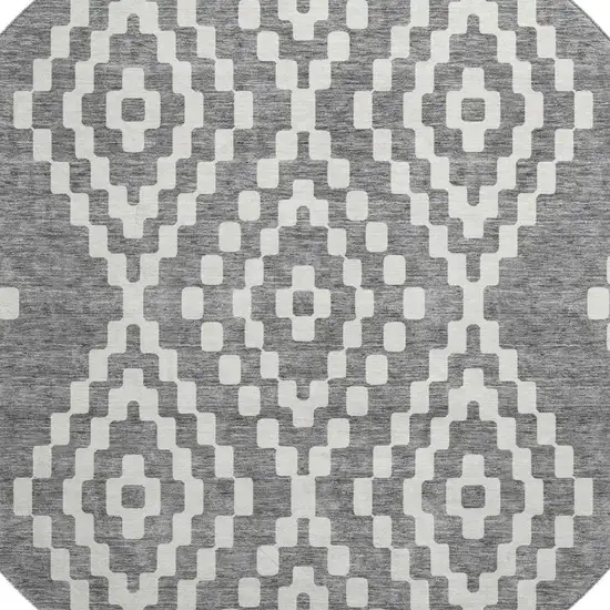 8' Gray And Ivory Geometric Washable Round Rug With UV Protection Photo 3