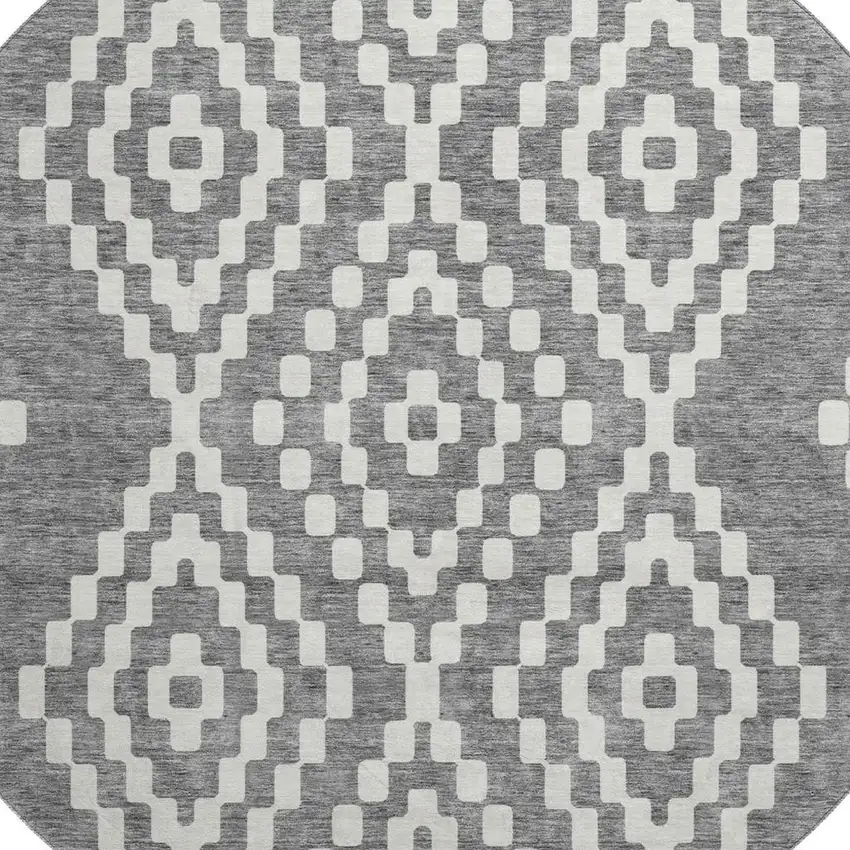8' Gray And Ivory Geometric Washable Round Rug With UV Protection Photo 3