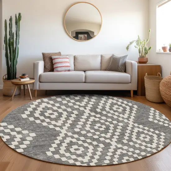 8' Gray And Ivory Geometric Washable Round Rug With UV Protection Photo 5