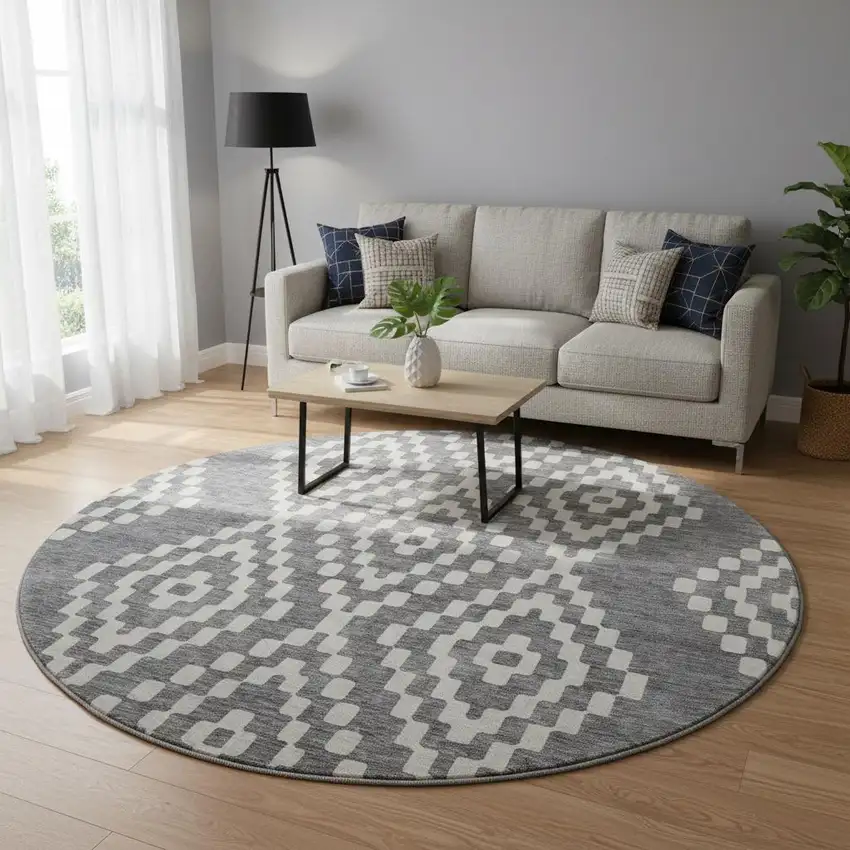 8' Gray And Ivory Geometric Washable Round Rug With UV Protection Photo 2