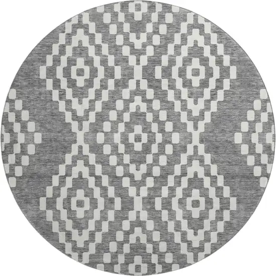 8' Gray And Ivory Geometric Washable Round Rug With UV Protection Photo 1