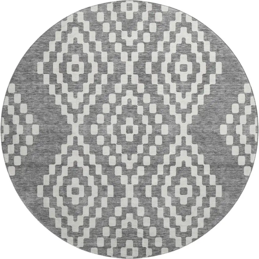 8' Gray And Ivory Geometric Washable Round Rug With UV Protection Photo 1