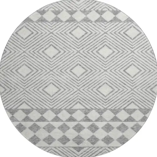 8' Gray And Ivory Geometric Washable Round Rug With UV Protection Photo 4