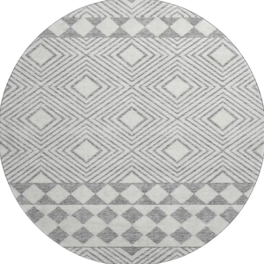 8' Gray And Ivory Geometric Washable Round Rug With UV Protection Photo 4