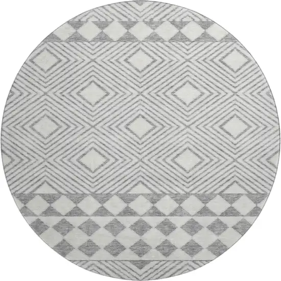 8' Gray And Ivory Geometric Washable Round Rug With UV Protection Photo 1
