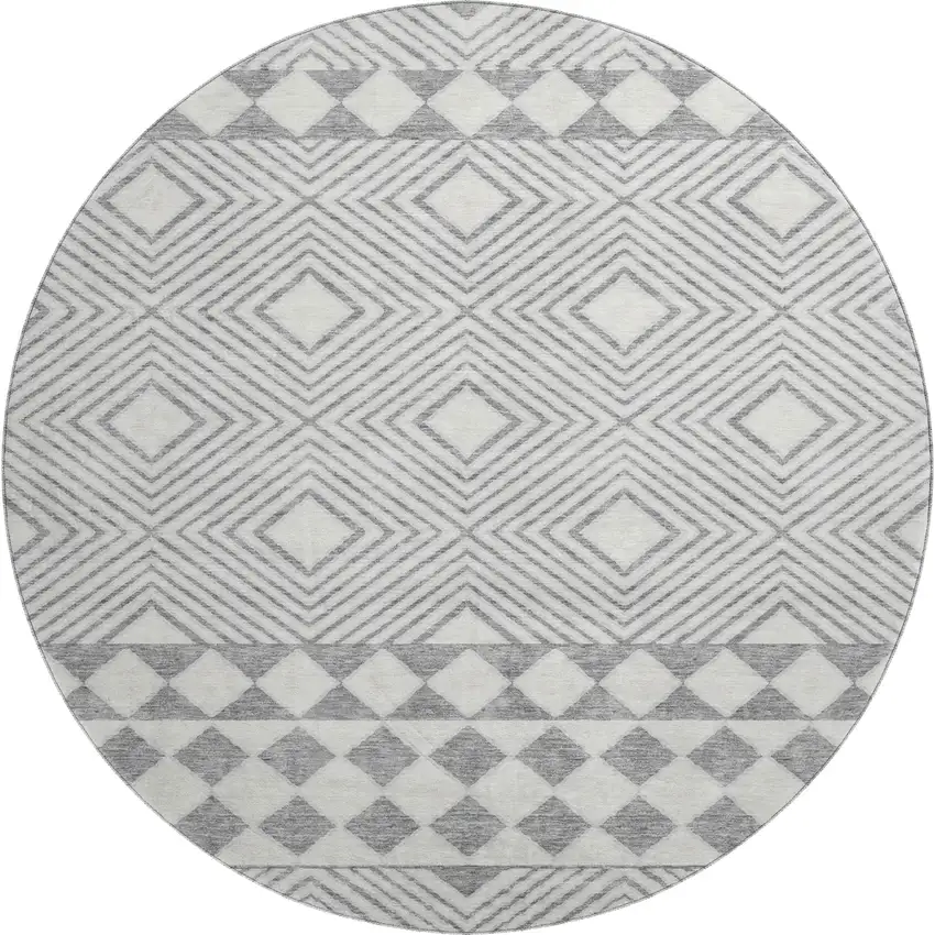 8' Gray And Ivory Geometric Washable Round Rug With UV Protection Photo 1