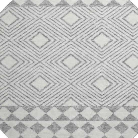 8' Gray And Ivory Geometric Washable Round Rug With UV Protection Photo 3