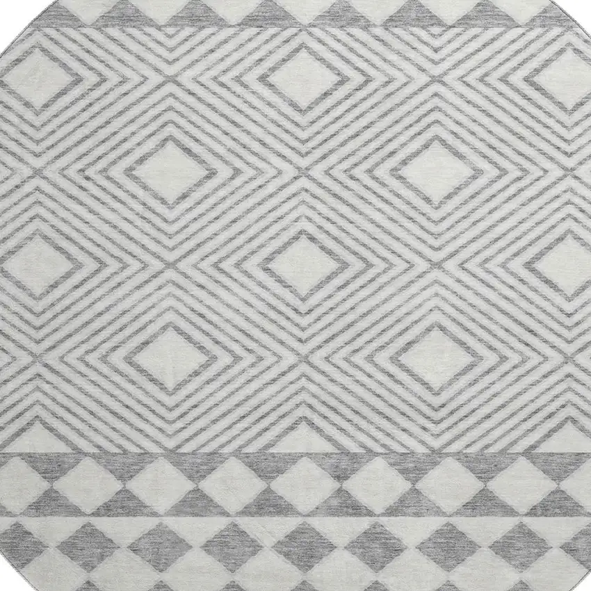 8' Gray And Ivory Geometric Washable Round Rug With UV Protection Photo 3