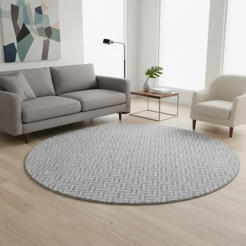 8' Gray And Ivory Geometric Washable Round Rug With UV Protection Photo 2