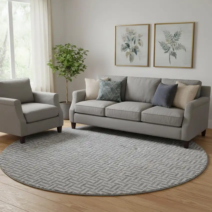 8' Gray And Ivory Geometric Washable Round Rug With UV Protection Photo 1