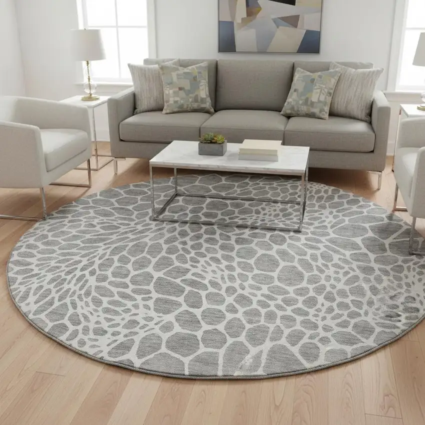 8' Gray And Ivory Geometric Washable Round Rug With UV Protection Photo 2