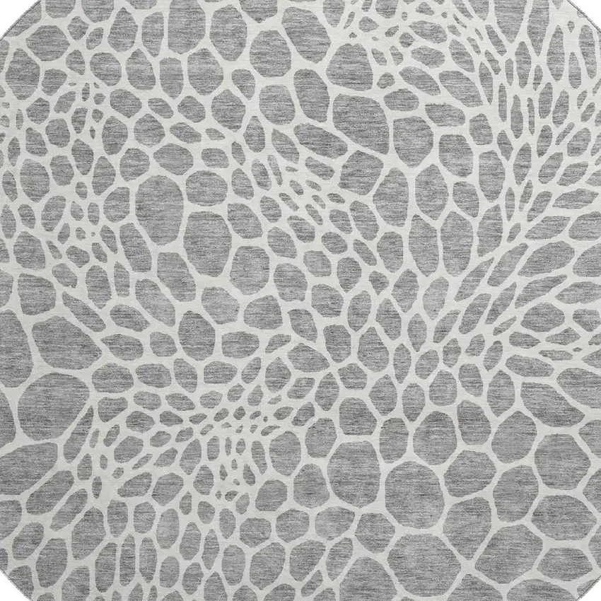 8' Gray And Ivory Geometric Washable Round Rug With UV Protection Photo 3