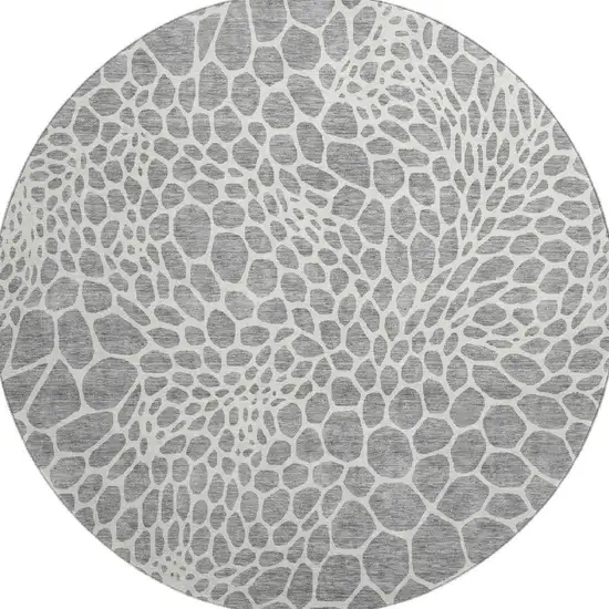 8' Gray And Ivory Geometric Washable Round Rug With UV Protection Photo 4