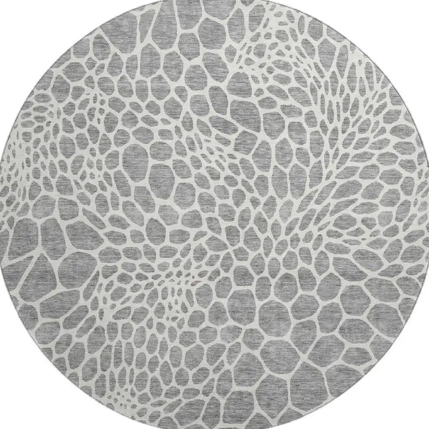 8' Gray And Ivory Geometric Washable Round Rug With UV Protection Photo 4