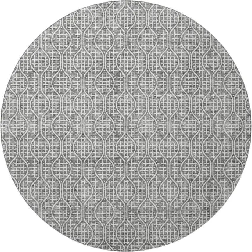 8' Gray And Ivory Geometric Washable Round Rug With UV Protection Photo 3