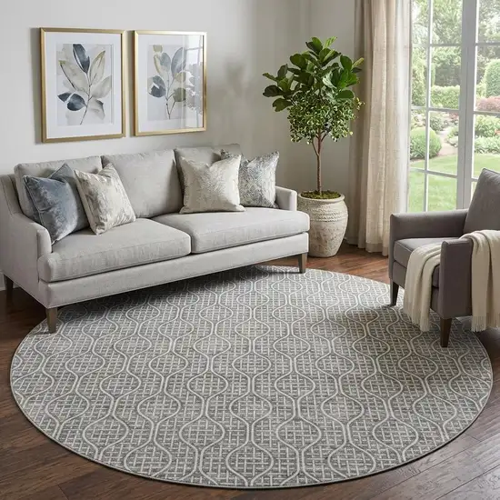8' Gray And Ivory Geometric Washable Round Rug With UV Protection Photo 1