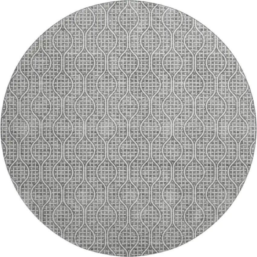 8' Gray And Ivory Geometric Washable Round Rug With UV Protection Photo 1