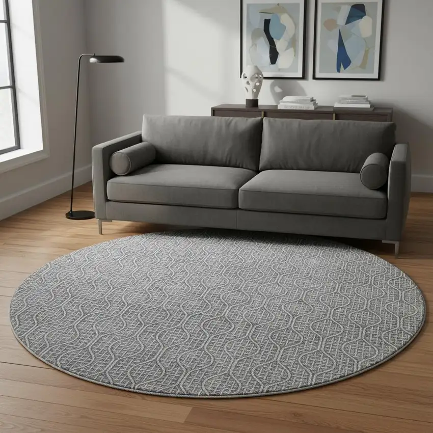 8' Gray And Ivory Geometric Washable Round Rug With UV Protection Photo 2