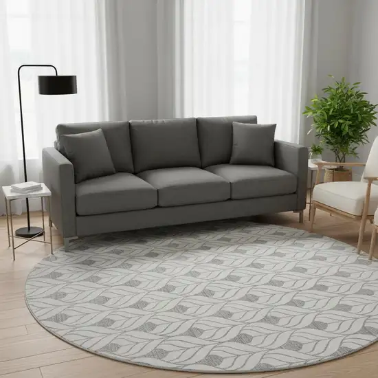 8' Gray And Ivory Geometric Washable Round Rug With UV Protection Photo 2