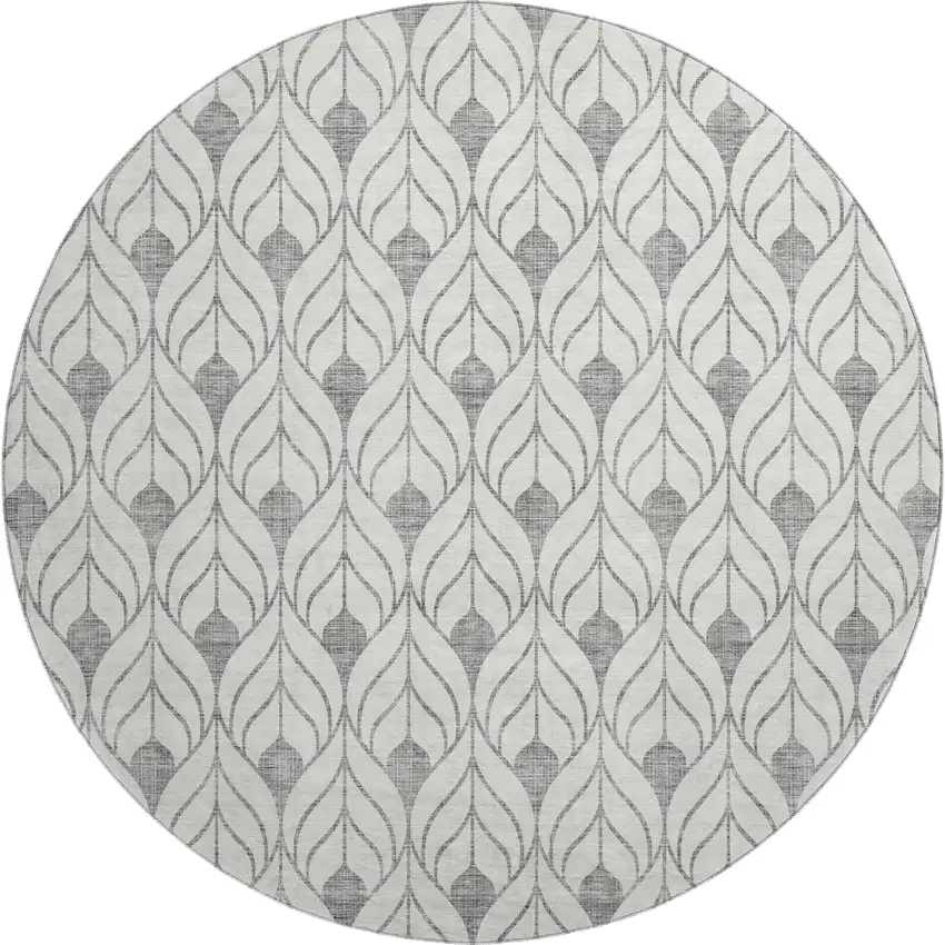 8' Gray And Ivory Geometric Washable Round Rug With UV Protection Photo 1