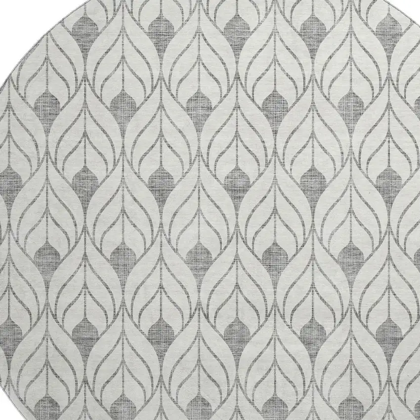 8' Gray And Ivory Geometric Washable Round Rug With UV Protection Photo 2