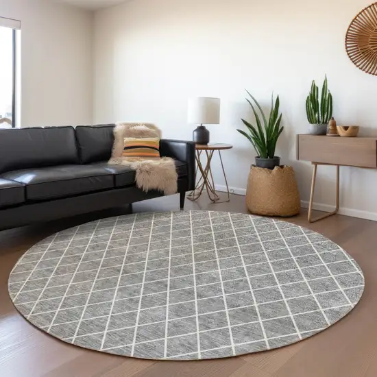 8' Gray And Ivory Geometric Washable Round Rug With UV Protection Photo 4
