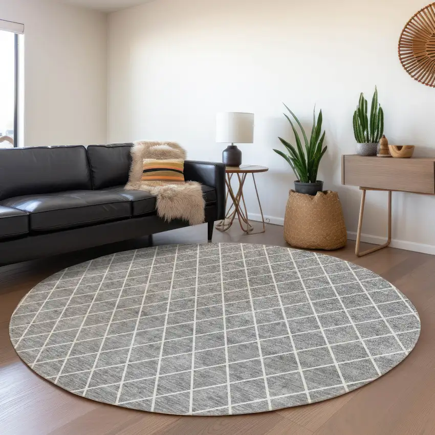 8' Gray And Ivory Geometric Washable Round Rug With UV Protection Photo 4