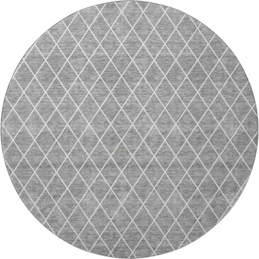 8' Gray And Ivory Geometric Washable Round Rug With UV Protection Photo 3