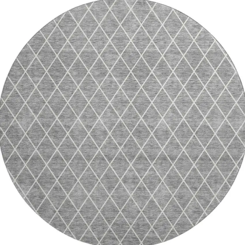 8' Gray And Ivory Geometric Washable Round Rug With UV Protection Photo 2