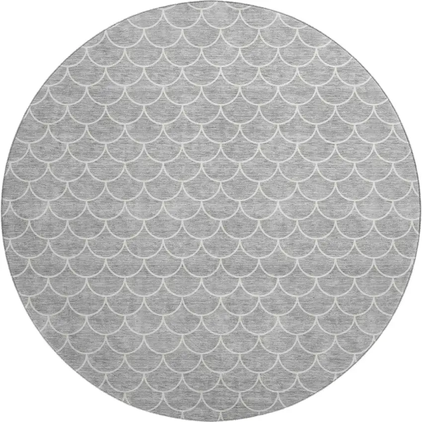 8' Gray And Ivory Geometric Washable Round Rug With UV Protection Photo 1