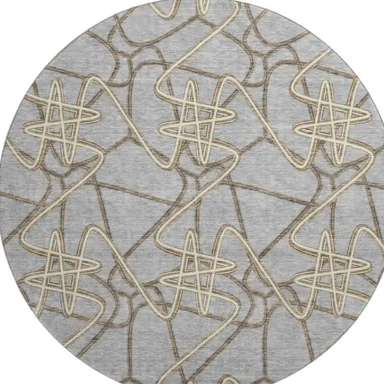 8' Gray And Ivory Geometric Washable Round Rug With UV Protection Photo 3