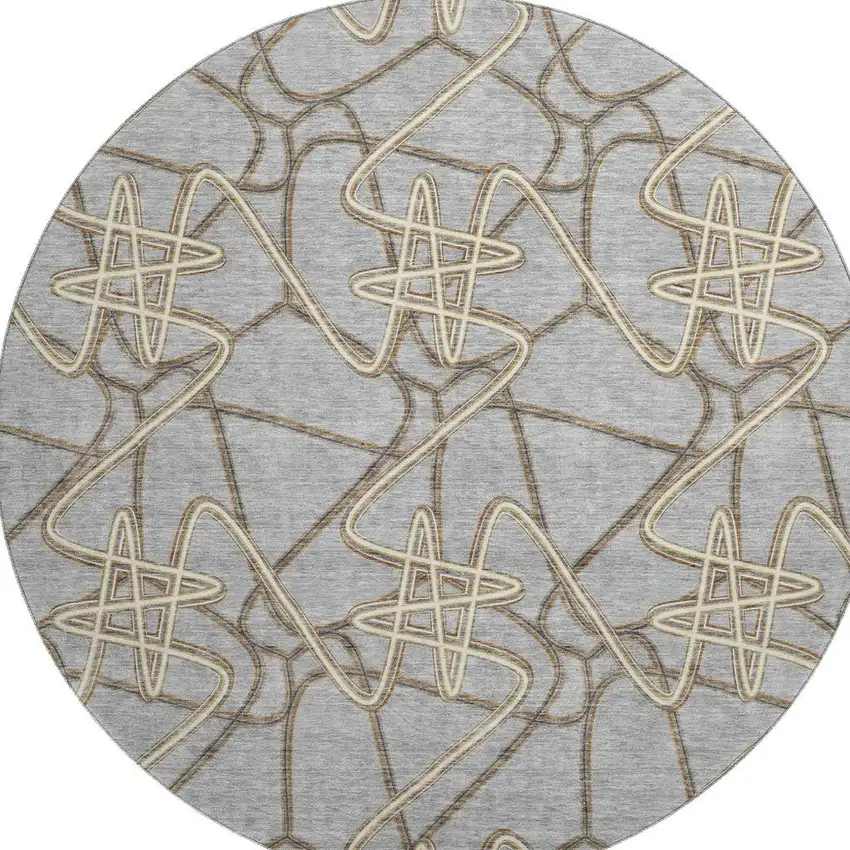 8' Gray And Ivory Geometric Washable Round Rug With UV Protection Photo 3