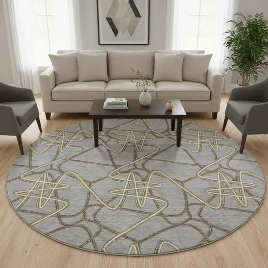 8' Gray And Ivory Geometric Washable Round Rug With UV Protection Photo 2