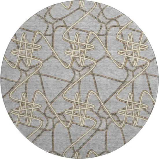 8' Gray And Ivory Geometric Washable Round Rug With UV Protection Photo 1