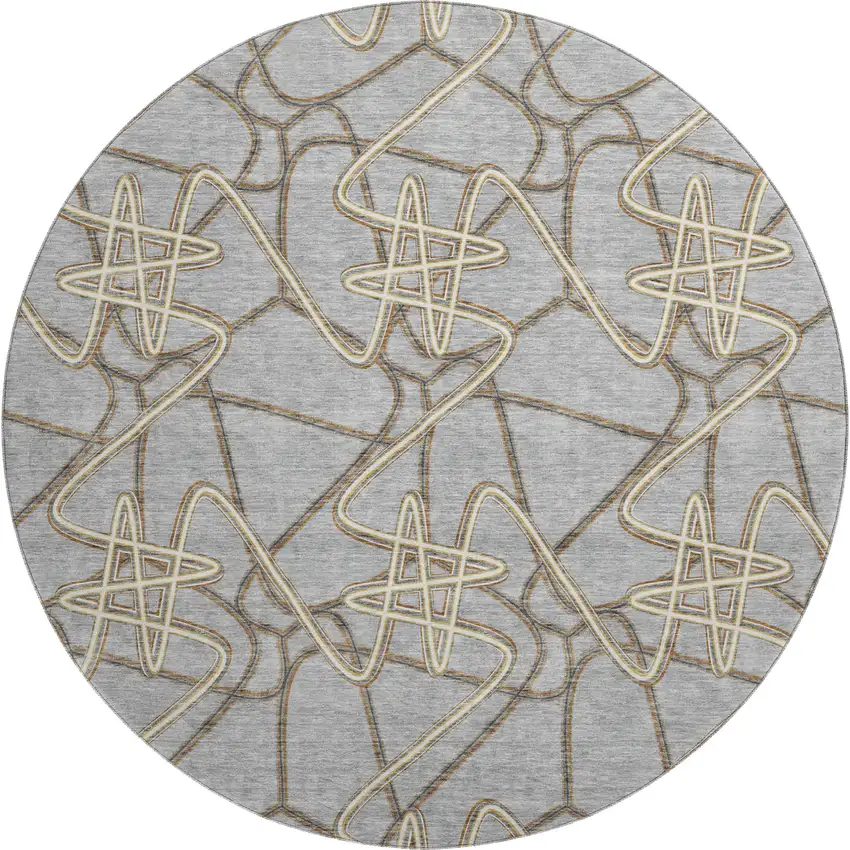 8' Gray And Ivory Geometric Washable Round Rug With UV Protection Photo 1