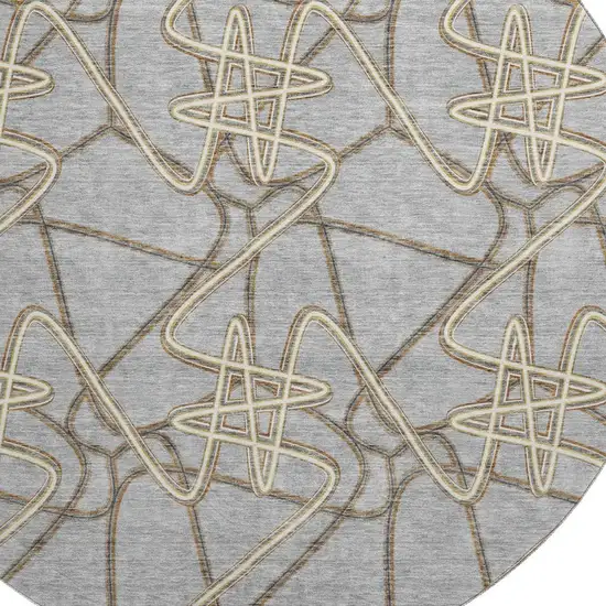 8' Gray And Ivory Geometric Washable Round Rug With UV Protection Photo 3