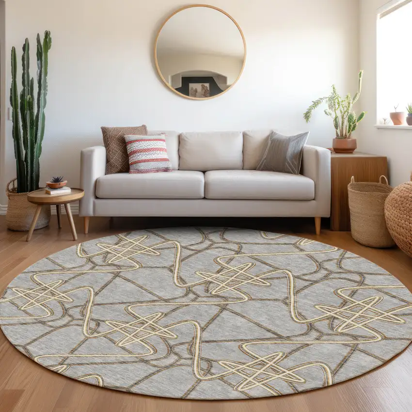 8' Gray And Ivory Geometric Washable Round Rug With UV Protection Photo 4