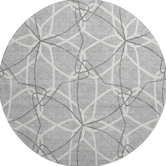 8' Gray And Ivory Geometric Washable Round Rug With UV Protection Photo 3
