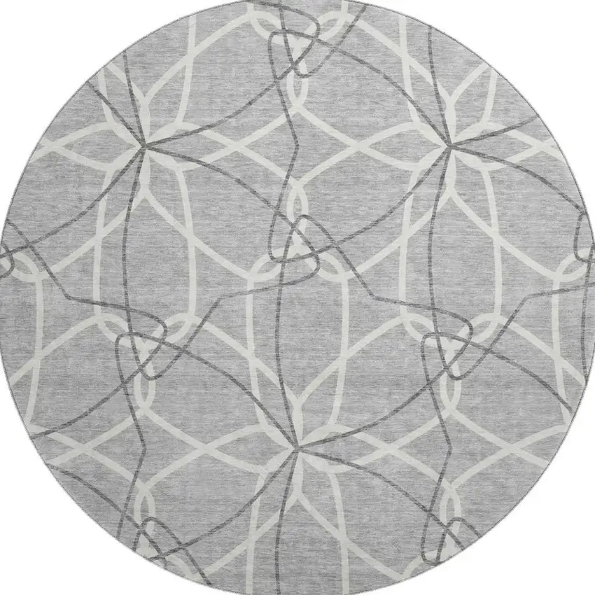 8' Gray And Ivory Geometric Washable Round Rug With UV Protection Photo 3