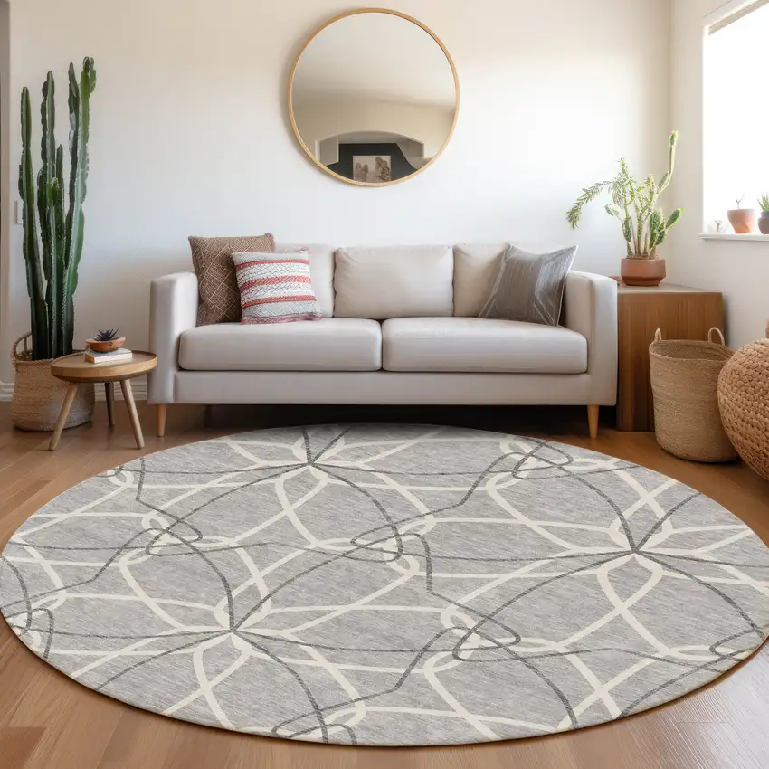 8' Gray And Ivory Geometric Washable Round Rug With UV Protection Photo 4