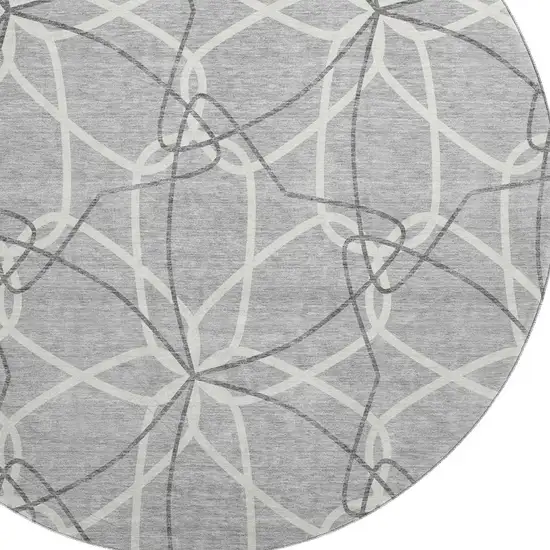 8' Gray And Ivory Geometric Washable Round Rug With UV Protection Photo 2