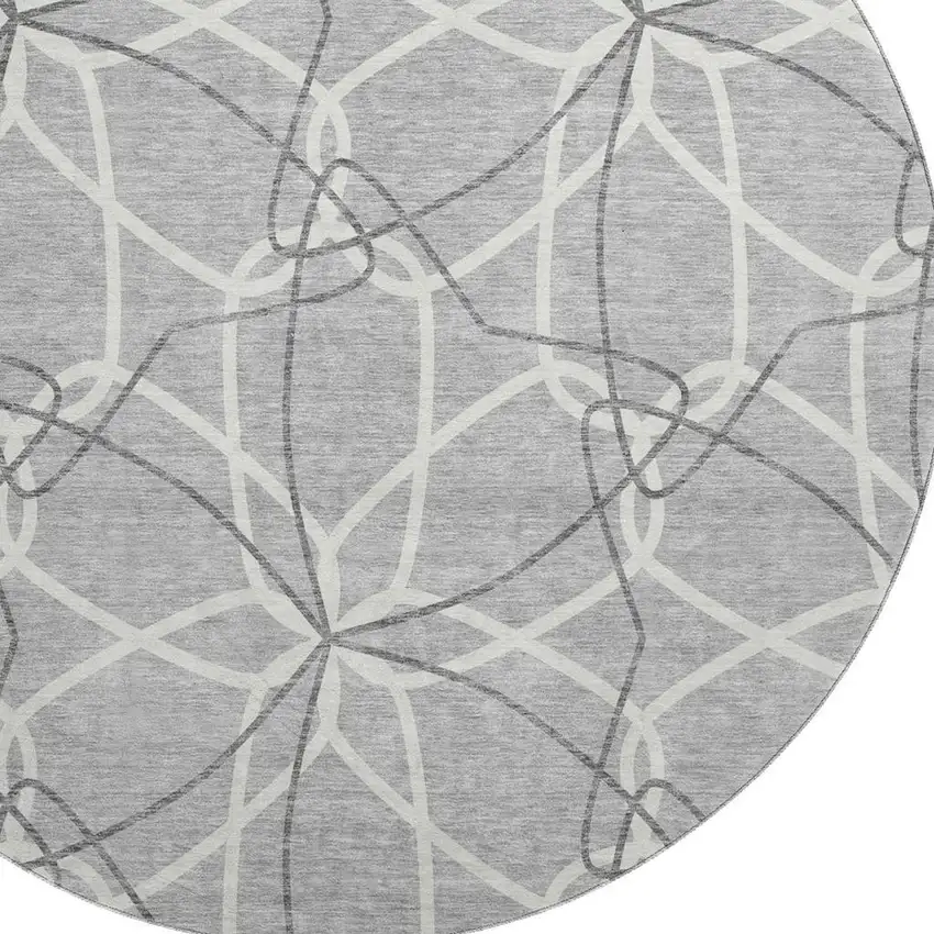 8' Gray And Ivory Geometric Washable Round Rug With UV Protection Photo 2