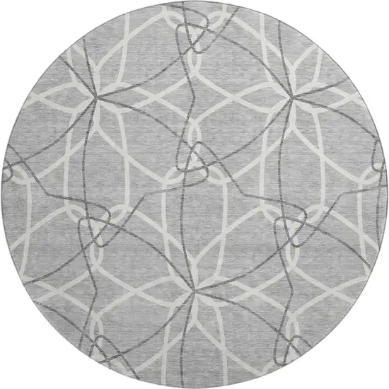 8' Gray And Ivory Geometric Washable Round Rug With UV Protection Photo 1