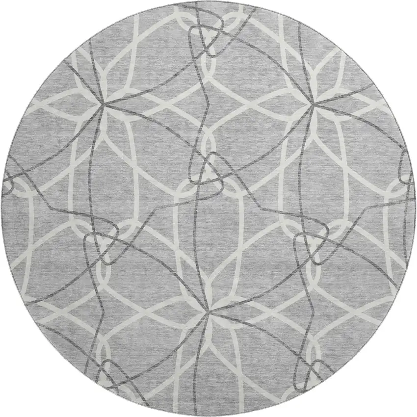 8' Gray And Ivory Geometric Washable Round Rug With UV Protection Photo 1