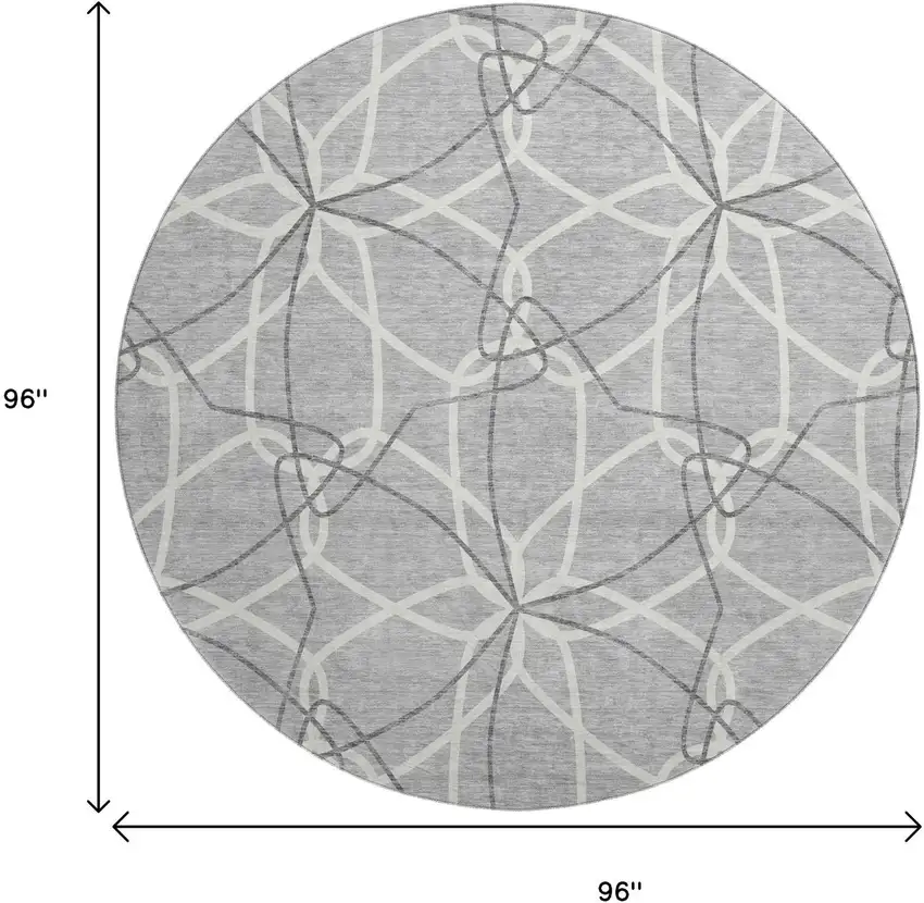 8' Gray And Ivory Geometric Washable Round Rug With UV Protection Photo 9