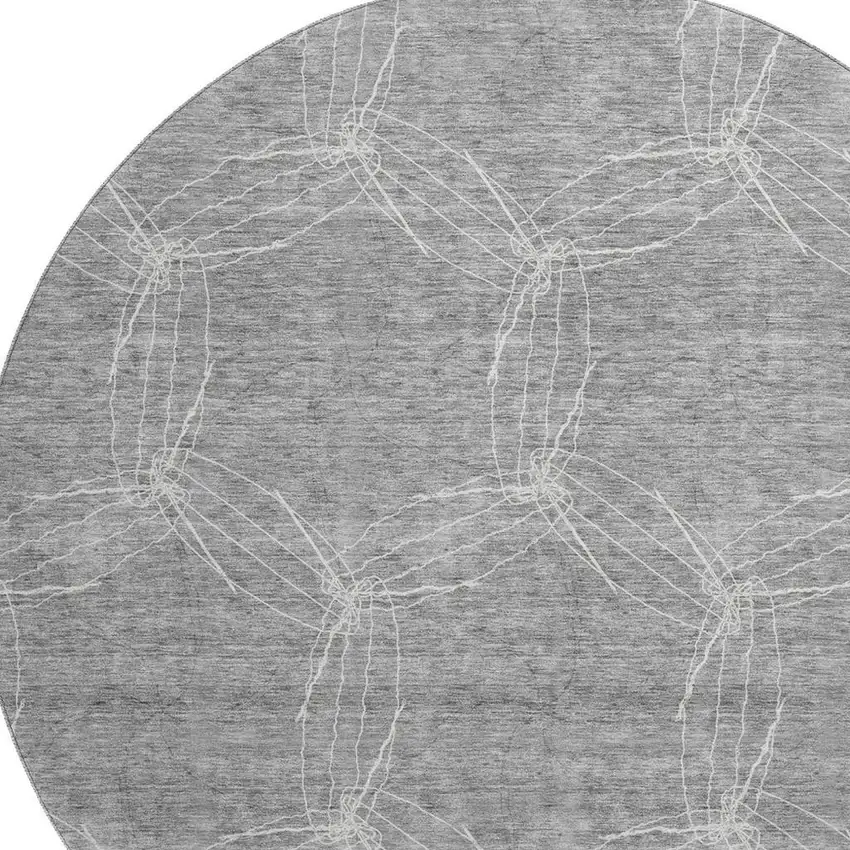8' Gray And Ivory Geometric Washable Round Rug With UV Protection Photo 2