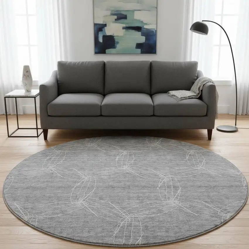8' Gray And Ivory Geometric Washable Round Rug With UV Protection Photo 2