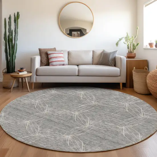 8' Gray And Ivory Geometric Washable Round Rug With UV Protection Photo 4