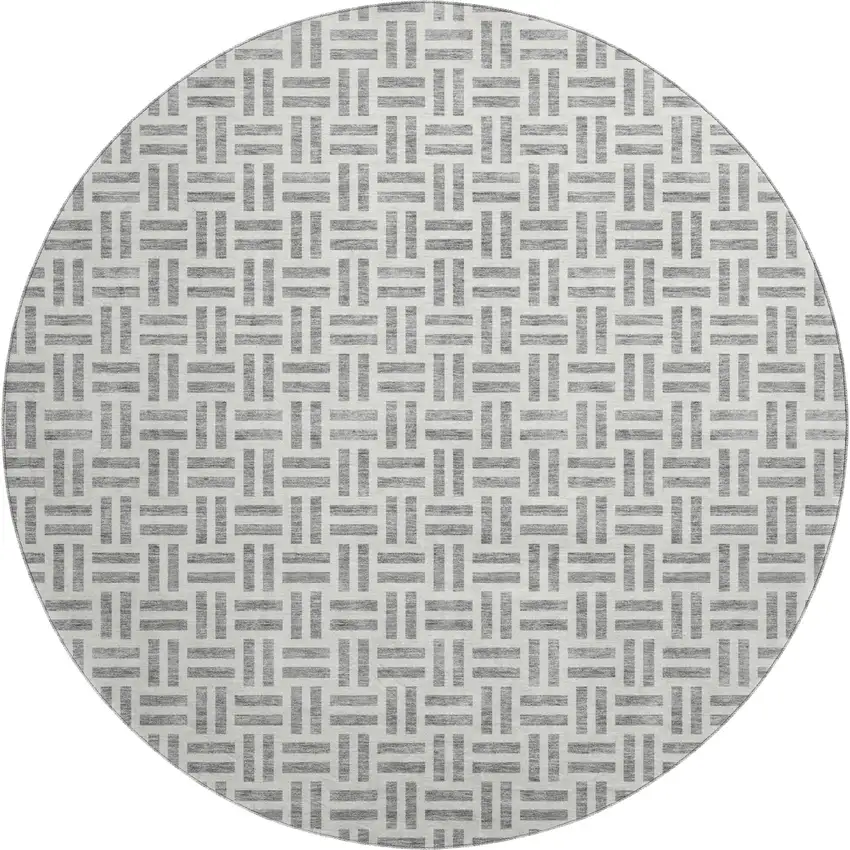 8' Gray And Ivory Geometric Washable Round Rug With UV Protection Photo 1